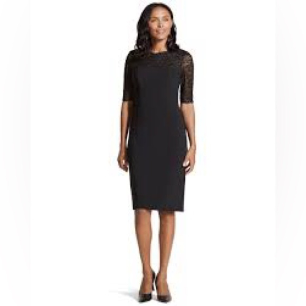 Chico’s black Lace Blocked Lena back zip dress, 3 = XL/16.
